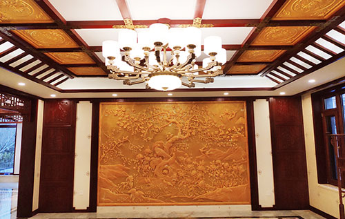 古田中式别墅客厅中式木作横梁吊顶装饰展示